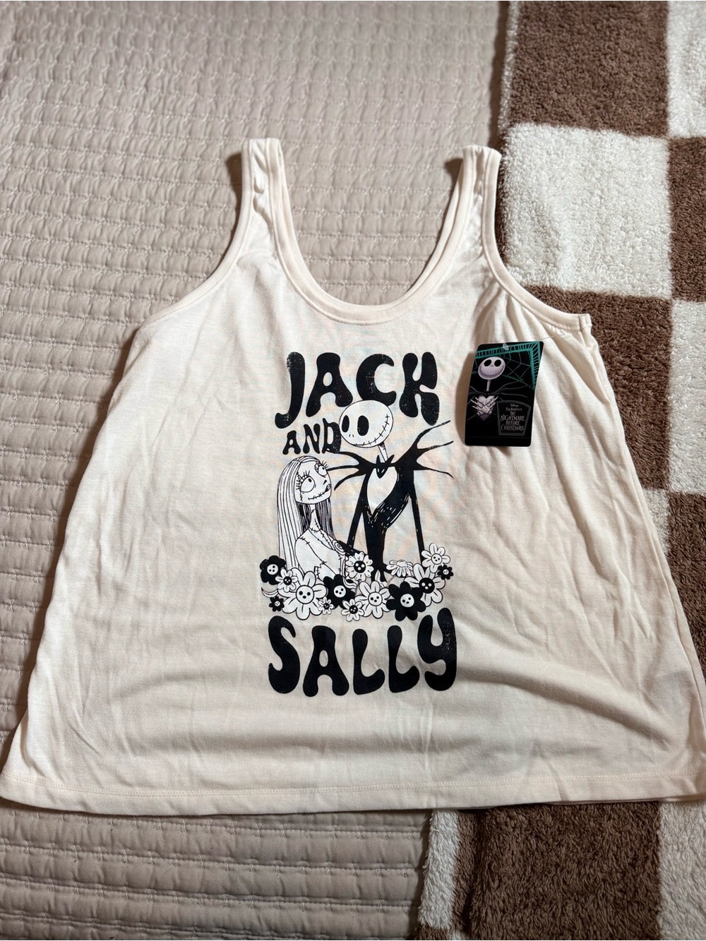 Jack and Sally Cream Graphic Tank with Black Plaid Shorts - Picture 5 of 7